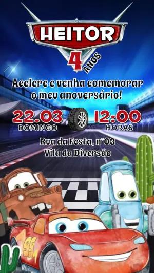Convite Digital Tema Carros de Corrida para Aniversário Infantil