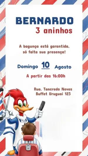 Convite de Aniversário Pica-Pau Barbeiro para Editar Online