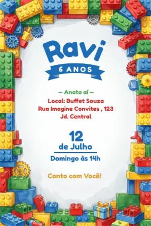 Convite de Aniversário Lego Colorido para Editar