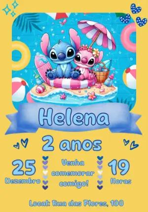 Convite Aniversário Stitch e Angel Verão para Editar Online
