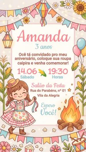 Convite de Aniversário Arraiá Infantil Menina Editável