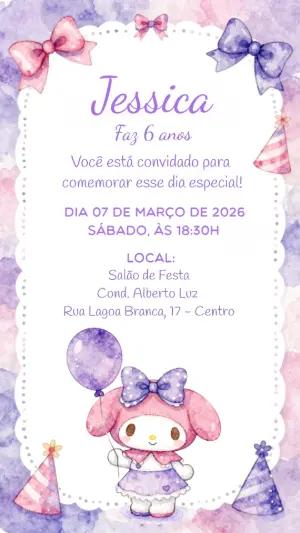 Convite de Aniversário My Melody Aquarela para Editar
