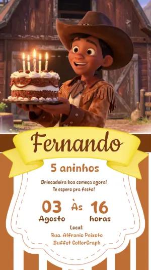 Convite de Aniversário Cowboy Infantil 3D para Editar