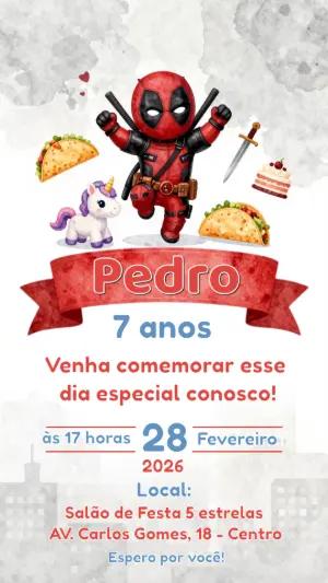 Convite Digital Aniversário Infantil Deadpool Editável