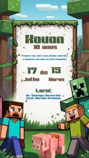 Convite de Aniversário Minecraft com Personagens para Editar Online