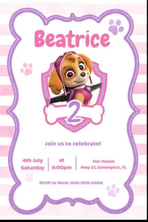 Skye Paw Patrol Birthday Invitation | Editable Template for Girls