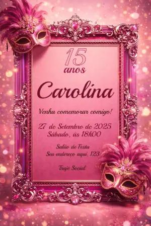 Convite Editável 15 Anos Baile de Máscaras Rosa e Dourado