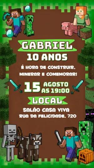 Convite de Aniversário Minecraft Pixelado para Editar