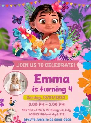 Editable Moana Tropical Birthday Invitation with Photo
