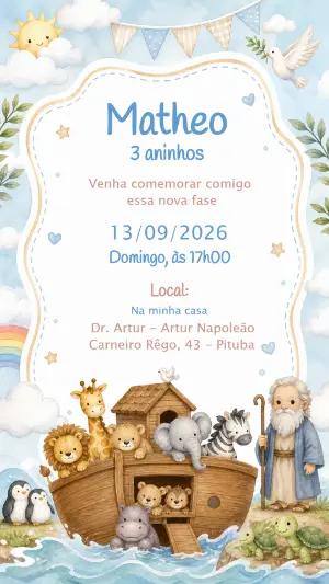 Convite Aniversário Arca de Noé Aquarela Editável