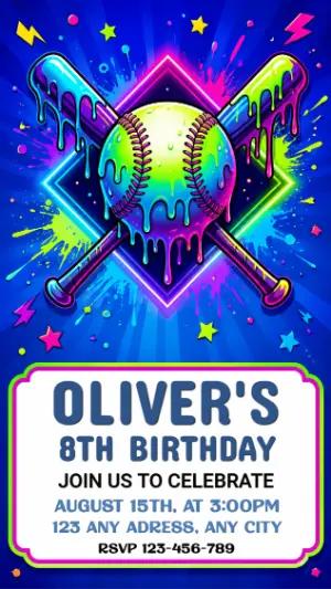 Editable Neon Baseball Birthday Party Invitation