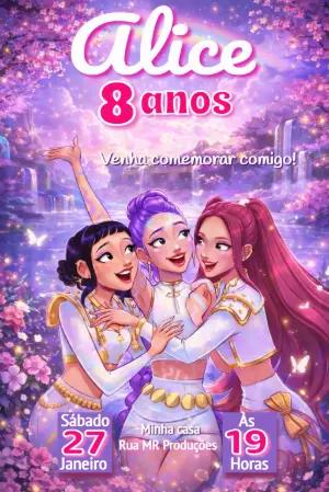 Convite de Aniversário Guerreiras do K-pop Fantasia Rosa e Lilás Editável