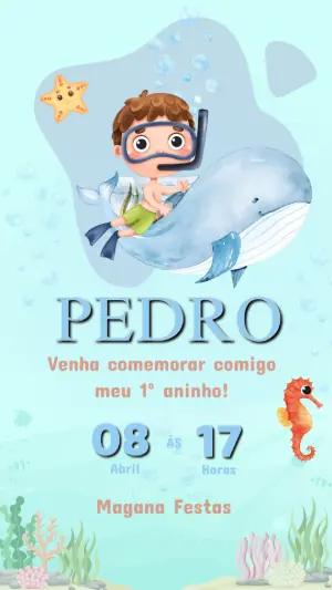 Convite Aniversário Fundo do Mar com Baleia para Editar Online