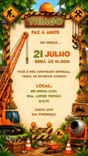 Convite de Aniversário Construção Infantil para Editar