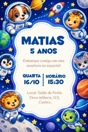 Convite de Aniversário Animais no Espaço Modelo Editável