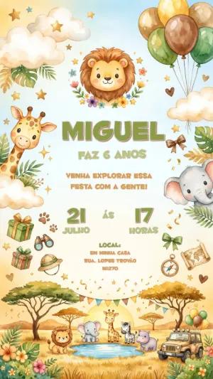 Convite de Aniversário Safari Aquarela para Editar