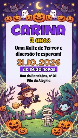 Convite de Aniversário Halloween Menina Bruxinha Editável