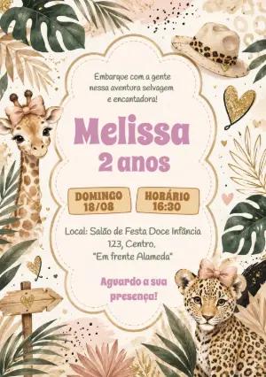 Convite Aniversário Safari Menina Aquarela para Editar