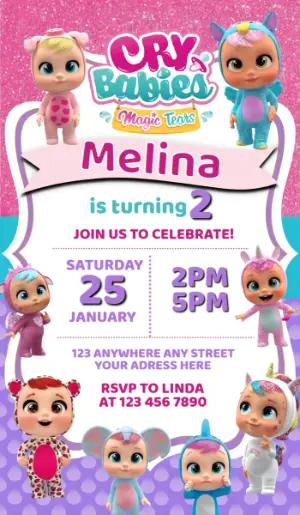 Cry Babies Birthday Invitation | Pink Glitter Editable Template