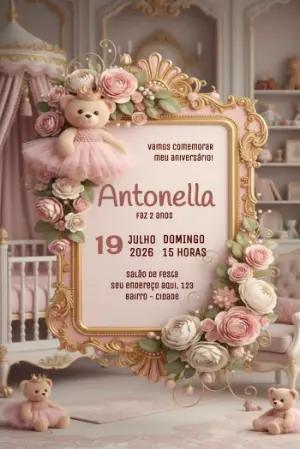 Convite de Aniversário Ursinha Princesa Rosa e Dourado Editável