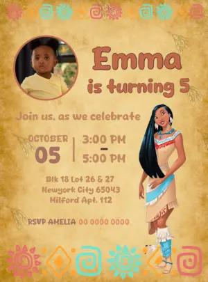 Pocahontas Birthday Invitation Template, Editable Digital Invite with photo