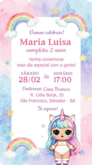 Convite Digital Aniversário Boneca Unicórnio Fofo Editável