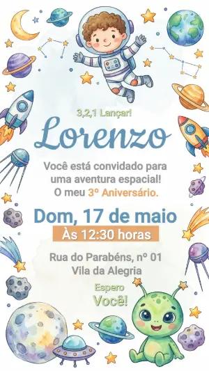 Convite de Aniversário Astronauta Fofo em Aquarela para Editar