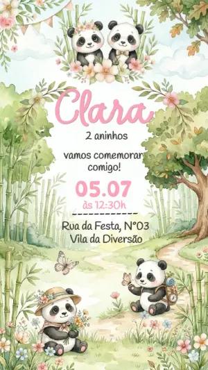 Convite de Aniversário Panda Menina Aquarela Editável
