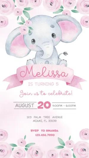 Cute Elephant Floral Birthday Invitation Editable Template