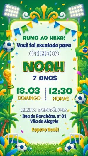 Convite de Aniversário Futebol Brasil Verde e Amarelo Editável