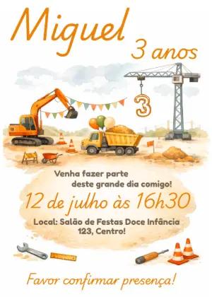 Convite de Aniversário Construção Aquarela para Editar