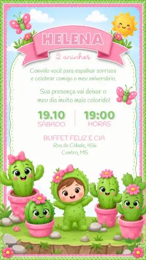 Convite de Aniversário Cactos Fofos para Editar Online