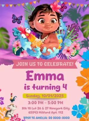 Baby Moana Birthday Invitation Template to Edit Online