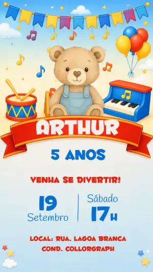 Convite Aniversário Fábrica de Brinquedos Ursinho Editável