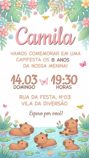 Convite de Aniversário Capivara Fofo Editável