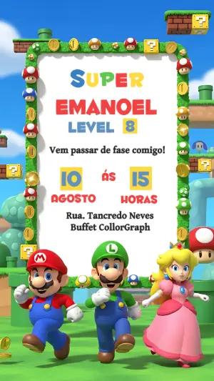Convite de Aniversário Super Mario com Personagens para Editar