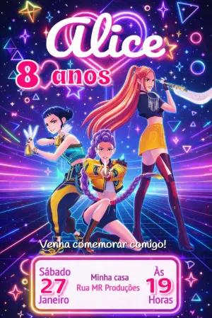 Convite de Aniversário Guerreiras do K-Pop Modelo Editável