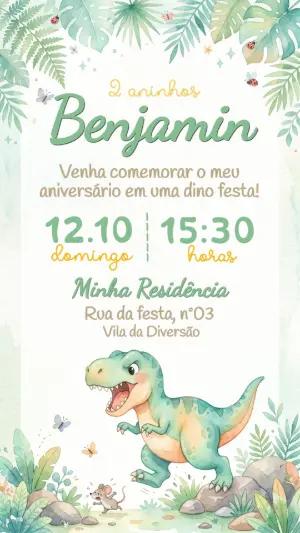 Convite de Aniversário Dinossauro Aquarela Editável