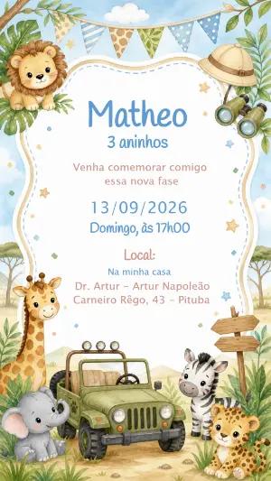 Convite de Aniversário Safari Aquarela Editável