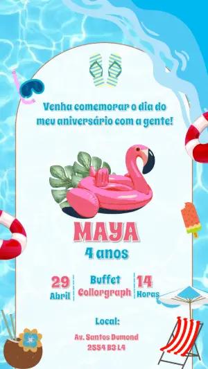 Convite Aniversário Pool Party com Flamingo para Editar Online