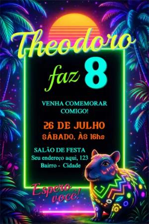 Convite de Aniversário Editável Capivara Neon Retrô