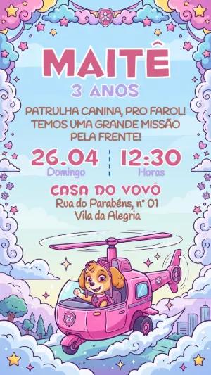 Convite de Aniversário Skye Patrulha Canina Rosa Editável