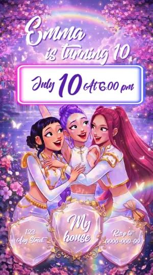 Demon Hunter K-pop Warriors Birthday Invitation Editable Template