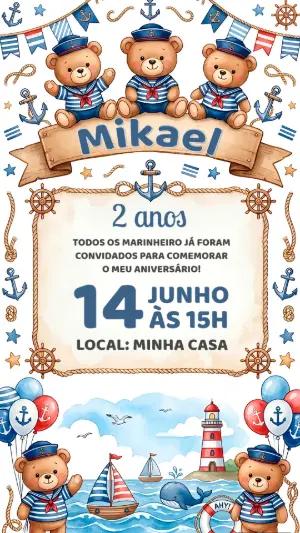 Convite de Aniversário Ursinho Marinheiro Editável