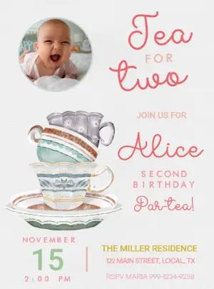Editable Tea for Two Birthday Invitation with Photo & Watercolor Art