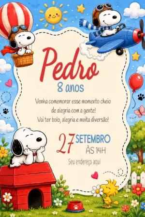 Convite de Aniversário Snoopy Aviador Colorido para Editar