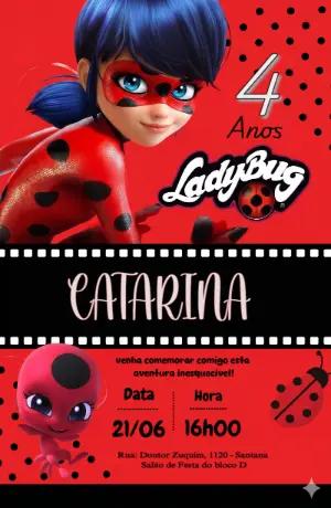 Convite de Aniversário Ladybug Vermelho e Preto Editável