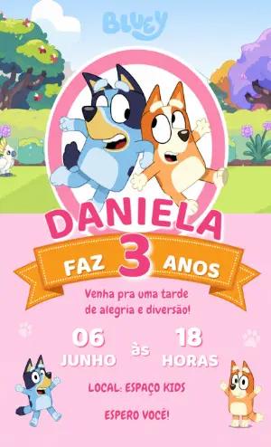 Convite de Aniversário Bluey Rosa Infantil para Editar