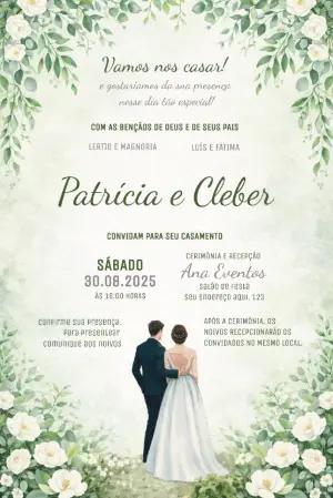 Convite de Casamento Elegante com Folhas Verdes Editável