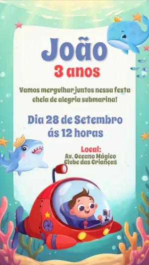 Convite de Aniversário Fundo do Mar com Submarino para Editar
